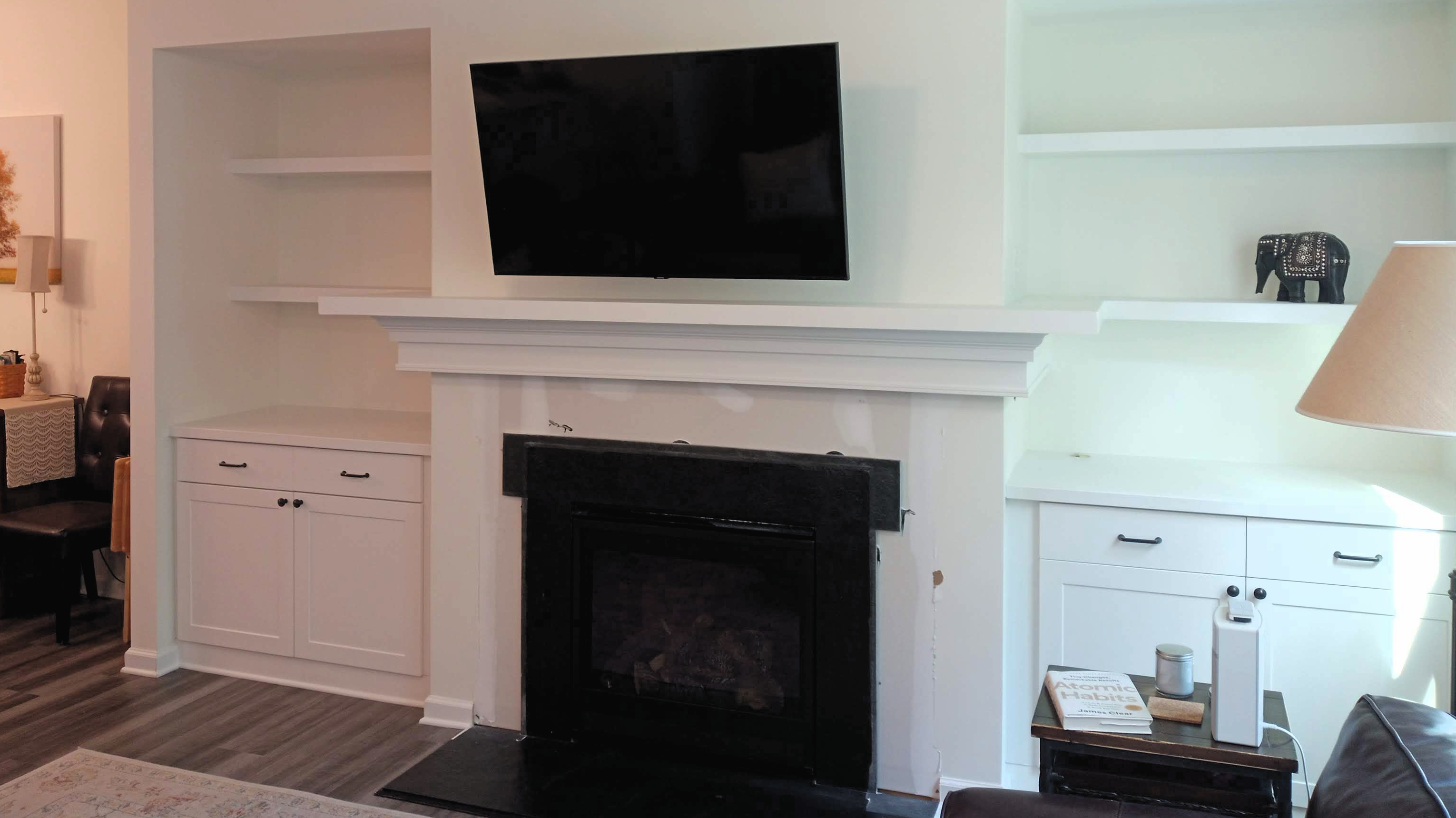 Fireplace w Floating Shelves & Wrap Around Mantle